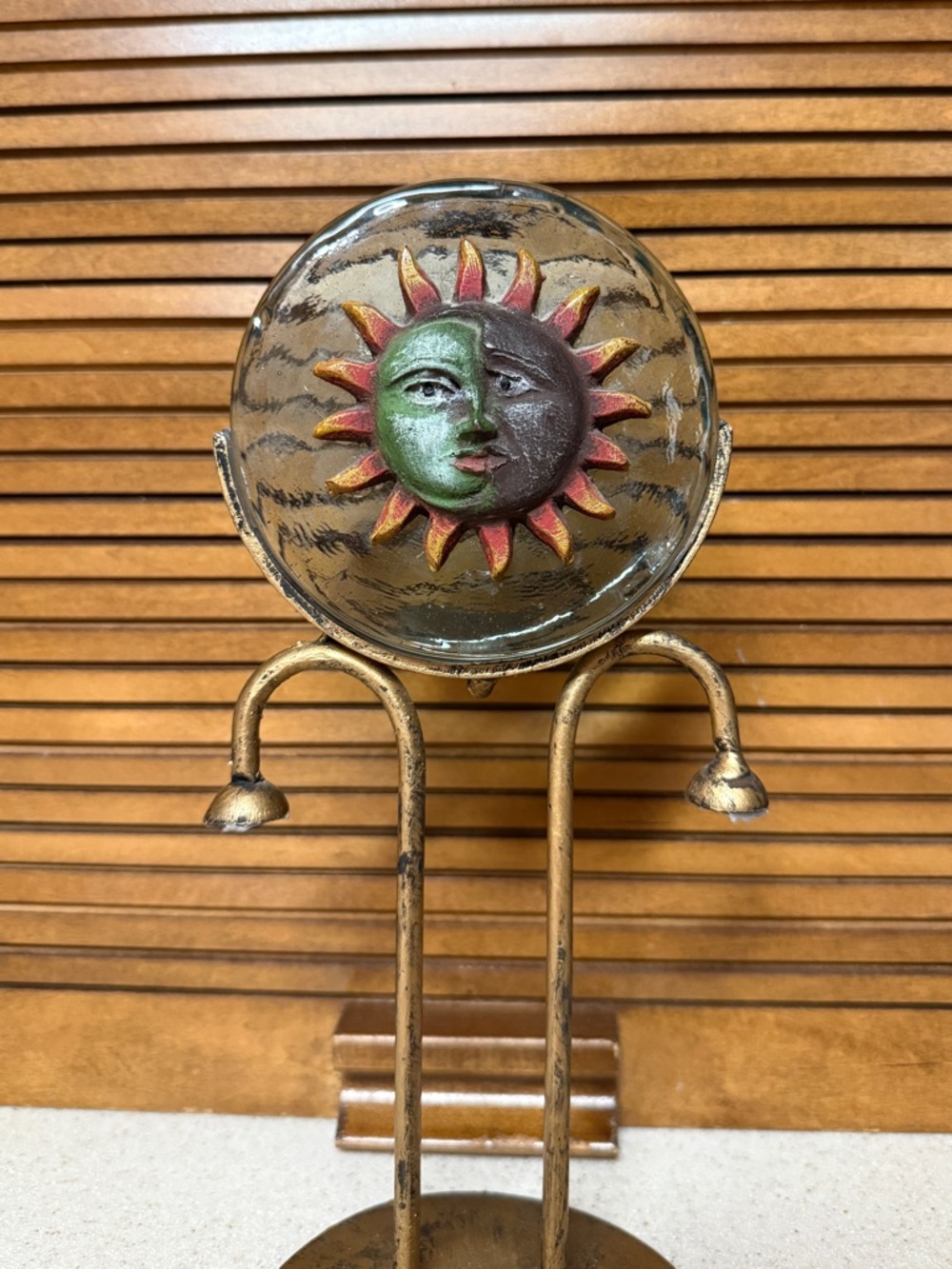Vintage Celestial Sun and Moon Candle Holder Gold Metal Glass